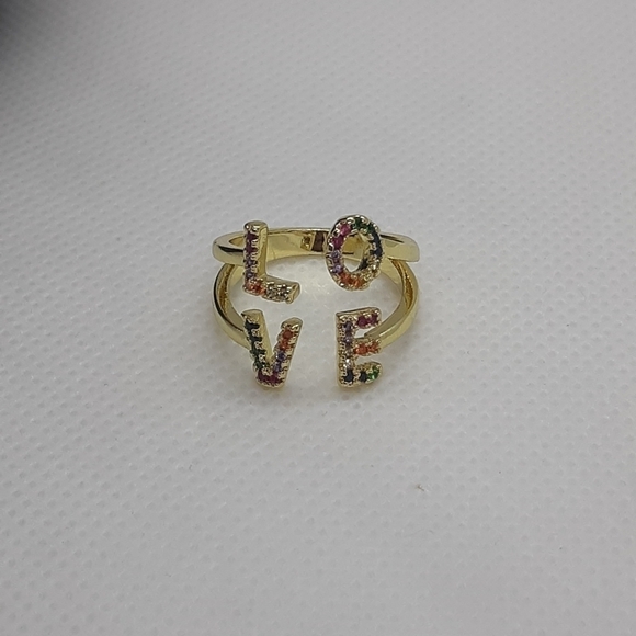 NWOT Love Word Rainbow Rhinestone Gold Ring - Picture 2 of 5